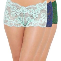 Clovia Blue & Green Lace Work Boyshorts Panties - Pack Of 3-image-37