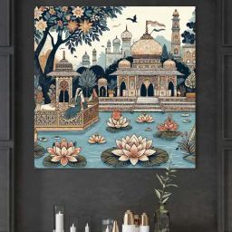 999Store Blue Canvas Traditional Indian Palace With Lotus Pond Painting-image-79
