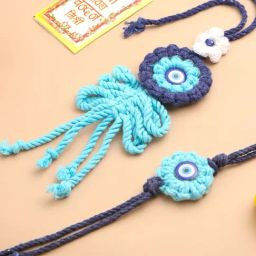 NVR Blue Evil Eye Floral Bhaiya Bhabhi Rakhi With Roli Chawal Chandan & Mishri-19