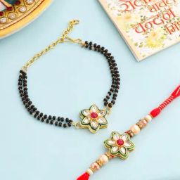 NVR Gold Toned Kundan Studded Floral Shape Bhaiya Bhabhi Rakhi with Roli Chawal Chandan & Mishri-45