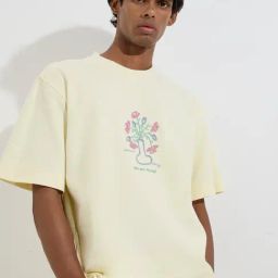 Nuon by Westside Light Yellow Floral Design Relaxed-Fit Cotton T-Shirt-image-91