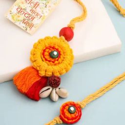 NVR Yellow Sea Shell Round Floral Design Bhaiya Bhabhi Rakhi with Roli Chawal Chandan & Mishri-image-3