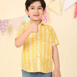 Fabindia Boys Yellow Cotton Printed Shirt-image-76