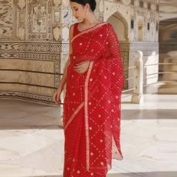 Geroo Jaipur Red Pure Kota Silk Hand Dyed Leheriya Mothra Saree-image-18