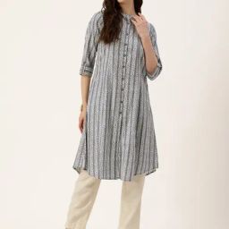 Amukti Grey Cotton Printed Three-Quarter Sleeves Kurta-image-42