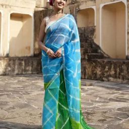 Geroo Jaipur Turquoise Blue & Green Pure Kota Silk Hand Dyed Leheriya Saree-image-65