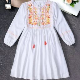 Bella Moda Girls White Cotton Three Fourth Sleeves Floral Embroidered Knee Lenght Dress-image-87