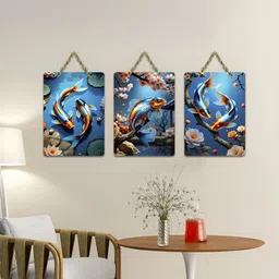 ArtVibes Blue & Orange-coloued 3 Pieces Koi Harmony Printed Wooden Wall Hanging Decors-image-5