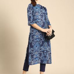 Anouk Women Navy Blue & White Ethnic Motifs Printed Pure Cotton Kurta with Trousers-58