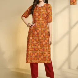 HERE&NOW Selection Of 2 Geometric Printed Round Neck Straight Kurta-image-78