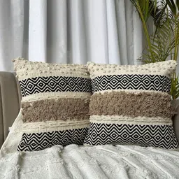 EXPORT HOUSE Off White & Brown 2 Pieces Cotton Geometric Square Cushion Covers-29
