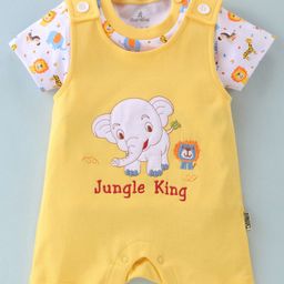 Child World Cotton Interlock Knit Elephant Embroidered Dungaree Style Romper with Half Sleeves Inner Tee - Golden-image-25