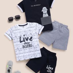 TOONYPORT Cotton Pack Of 2 Half Sleeves LIve Dare Inspire Text & Puppy Printed Tees With Shorts - White & Black-image-28