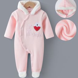 Kookie Kids Full Sleeves Front Open Hooded Footed Romper with Alphabet Bear & Heart Embroidery - Pink-image-34