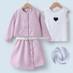 Kookie Kids Full Sleeves Checkered Top & Skirt With Heart Printed Vest - Pink-picture-3