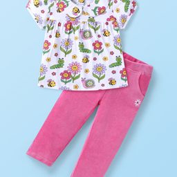 Babyhug Cotton Knit Half Sleeves Peter Pan Collared Floral Printed Top & Corduroy Pants Set - White & Pink-image-29