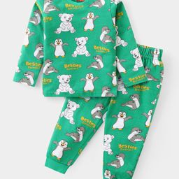 Babyhug Cotton Knit Full Sleeves Night Suit Penguin Print - Green-image-81