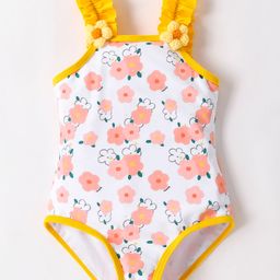 Mark & Mia Sleeveless V Cut Swimsuit With Floral Print & Applique - White & Yellow-image-51