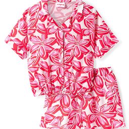 Babyhug Rayon Woven Half Sleeves Shirt Styled Top & Shorts Co-Ord Set With Floral Print - Red & White-image-11