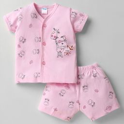 Tango Single Jersey Knit Front Open Half Sleeves Innerwear Sets With Animal Print - Pink-12