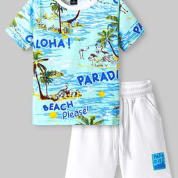 OLLINGTON ST. Cotton Knit Half Sleeves Printed T-Shirt & Shorts with Beach Theme Print - Light Blue-image-98