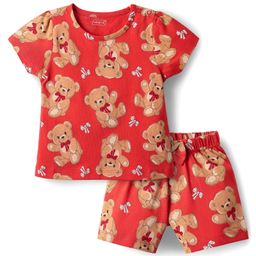 Babyhug Cotton Knit Half Sleeves Co-ords Shorts Night Suit with Bear Print - Red-image-86