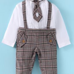 ToffyHouse Interlock Knit Full Sleeves Checks Party Romper With Tie - White & Brown-image-60