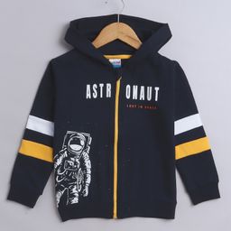 BUMZEE Cotton Fleece Knit Full Sleeves Astronaut Printed Sweat Jacket With Hood & Front Zipper - Navy Blue-image-87