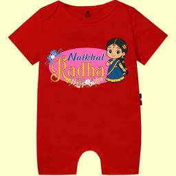 The Peppy Tend 100% Cotton Knit Janmashtami Theme Half Sleeves Natkhat Radha Text Printed Romper - Red-image-13
