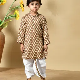 MoMaa Cotton Woven Full Sleeves Abstract Motif Printed Kurta Dhoti Set - Brown-picture-39