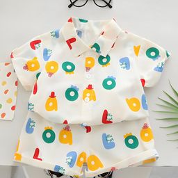 Googo Gaaga Cotton Woven Half Sleeves Alphabets Printed Shirt & Coordinating Shorts Set - White-image-35