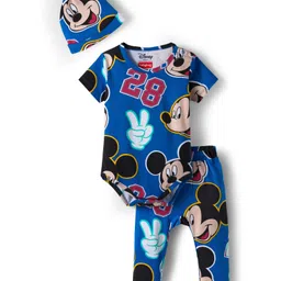 Babyhug Disney Interlock Knit Half Sleeves Onesie with Diaper Legging & Pony Cap Set with Mickey Mouse Print - Blue-picture-37
