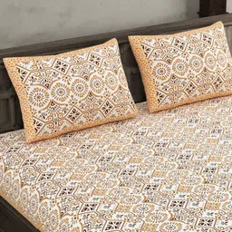 JAIPUR FABRIC Yellow & White Ethnic Motifs 144 TC King Bedsheet with 2 Pillow Covers-picture-20
