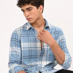 Blu MNKY Men Classic Slim Fit Checked Spread Collar Cotton Casual Shirt-picture-9