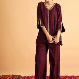 choiceit Floral Sequence Embellished V-Neck Top With Palazzo-9