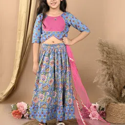 Kinder Kids Girls Printed Cotton Ready to Wear Lehenga & Blouse With Dupatta-image-94