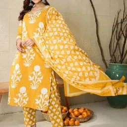 Indo Era Floral Printed V-Neck Pure Cotton Straight Kurta With Trousers & Dupatta-24
