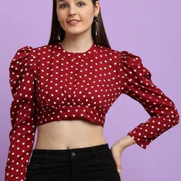 CLOTHINK INDIA Polka Dot Colourblocked Tie-Up Neck Puff Sleeve Crepe Crop Top-picture-9