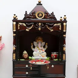 DZYN Furnitures Divya Darshan Brown Wooden Floor Rested Pooja Temple With Door-36