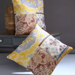 Myntra Elegant Homes Silver-Toned & Yellow Set of 2 Floral Square Cushion Covers-image-3