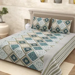 Varde White & Green Printed 210 TC Pure Cotton Queen Bedsheet with 2 Pillow Covers 2 x 2mt-picture-49