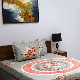 Steve & Anderson Grey & Orange Ethnic Motifs 180 TC King Bedsheet with 2 Pillow Covers-picture-6