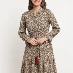 KALINI Floral Printed Mandarin Collar A-Line Dress-image-34