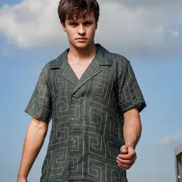 House of Koala Unisex Modern Cuban Collar Ethnic Motifs Printed Oversized Casual Shirt-image-40