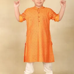Fabindia Boys Ethnic Motifs Printed Band Collar Roll-Up Sleeves Straight Kurta-10