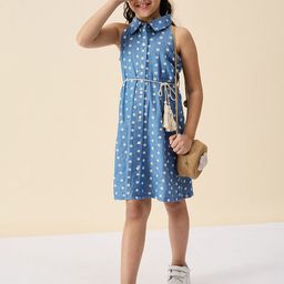 Stylo Bug Polka Dot Embroidered Denim A-Line Dress-image-90