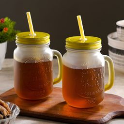 Ceradeco Set of 2 Yellow Frosted Coloured Mason Jar With Metal Lid & Straw 480 ml Each-20