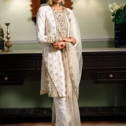 Payal Singhal Women Ethnic Motifs Embroidered Regular Beads and Stones Chanderi Silk Kurta with Pyjamas &-image-86