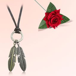 Peora Men Stainless Steel Silver-Plated Layered Feather Leather Chain With Red Rose-image-14