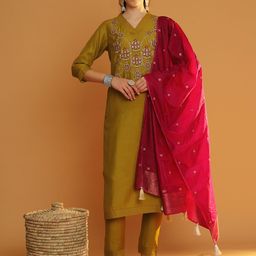 Tulsattva Floral Embroidered V-Neck Regular Chanderi Cotton Kurta With Trouser & Dupatta-13